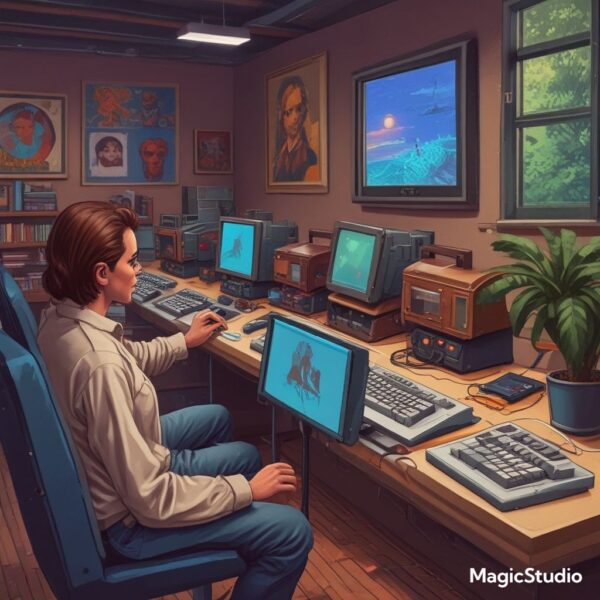 People panting after computers - 8-bit pixel art