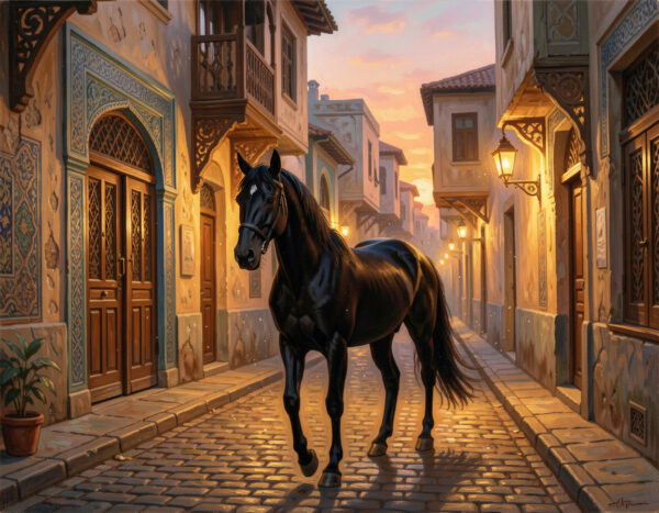 A black horse wandering through